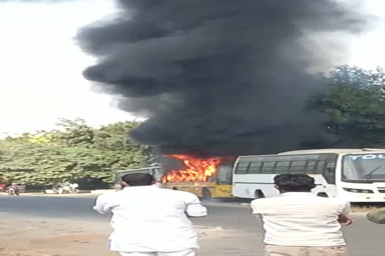 Fire broken out  in school bus standing for 6 months by roadside in Palam village