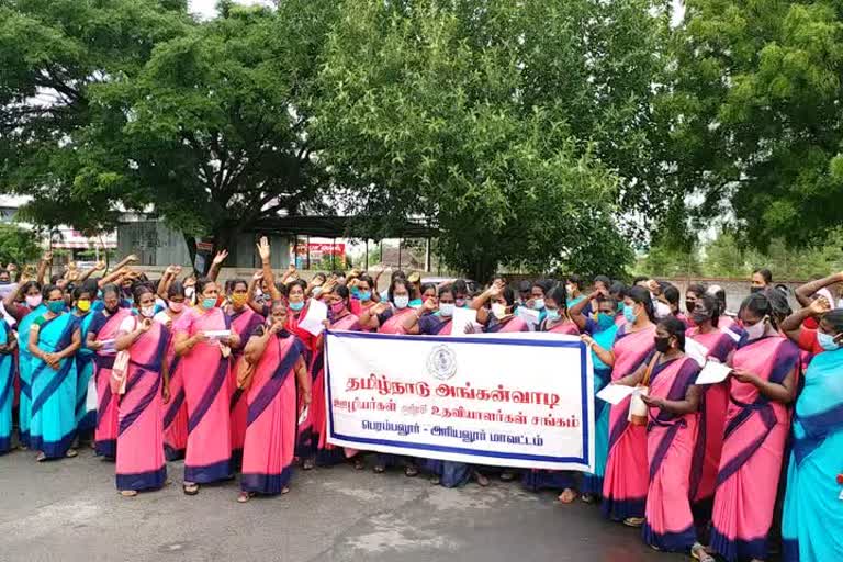 Perambalur Anganvadi employees protrst