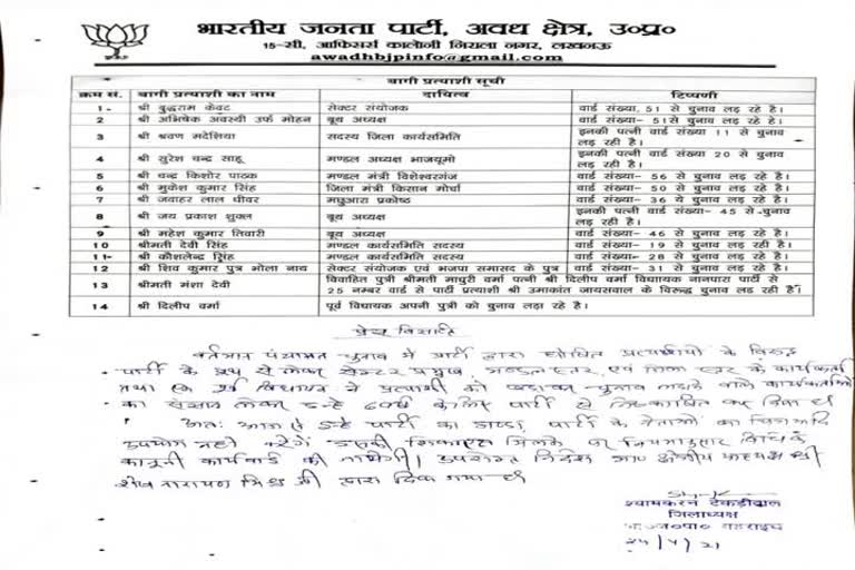 पूर्व विधायक समेत 14 लोग भाजपा से निष्कासित