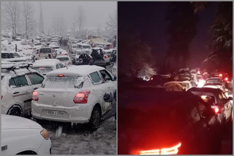 vehicles of tourists stranded in snowfall at Solang Nala Of Manali