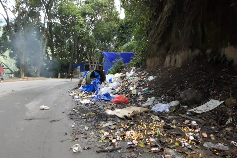 dumping of waste by Tourists in Munnar  Dumping waste in road side  increase in waste dumping on road side by tourists  മൂന്നാറില്‍ മാലിന്യ പ്രശ്നം രൂക്ഷം  മൂന്നാറിൽ മാലിന്യം വലിച്ചെറിയുന്നു