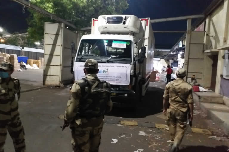 Three trucks carrying Covishield vaccine reach Pune International Airport from Serum Institute of India's facility in the city