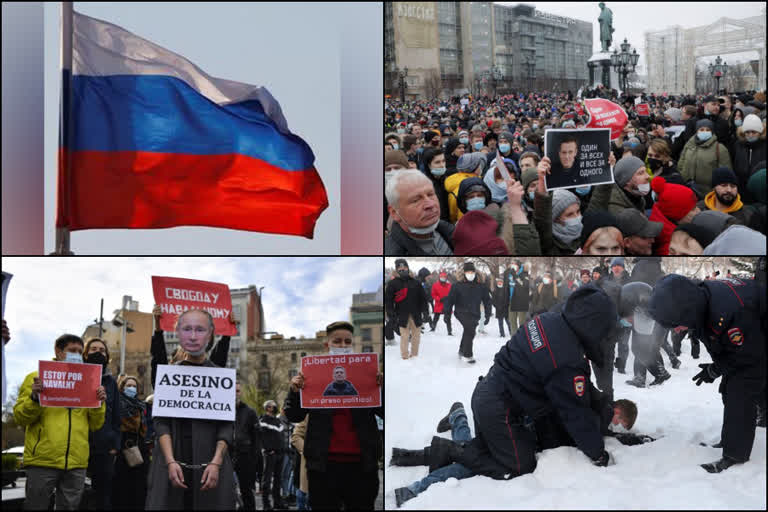 Navalny release  Tens of thousands protest  Russia  Navalny's release  നവാൽനിയുടെ മോചനം  മോസ്കോ  റഷ്യൻ പ്രതിപക്ഷ നേതാവ് അലക്സി നവാൽനി  അലക്സി നവാൽനി  റഷ്യൻ പ്രതിപക്ഷ നേതാവ്