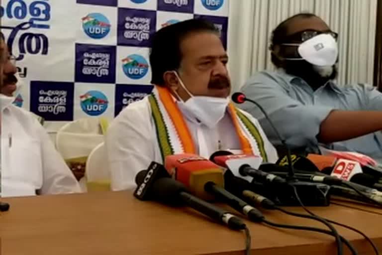 ramesh chennithala against chief minister  ബിജെപിക്കൊപ്പം വർഗീയ ധ്രുവീകരണത്തിന് മുഖ്യമന്ത്രി ശ്രമിക്കുന്നു  രമേശ് ചെന്നിത്തല  ബിജെപി  opposition leader  ramesh chennithala news  ramesh chennithala latest news  aiswarya kerala yatra  aiswarya kerala yatra news  aiswarya kerala yatra in wayanad