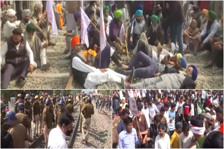 Rail roko agitation  Protesters block trains  farmers rail roko protest  farmers protest railway  കര്‍ഷക സമരം  ട്രെയിന്‍ തടയല്‍ സമരം  കര്‍ഷകരുടെ ട്രയിന്‍ തടയല്‍  കാര്‍ഷിക നിയമത്തിനെതിരെ  കര്‍ഷക പ്രതിഷേധം  ട്രയിന്‍ തടഞ്ഞ് കര്‍ഷകര്‍