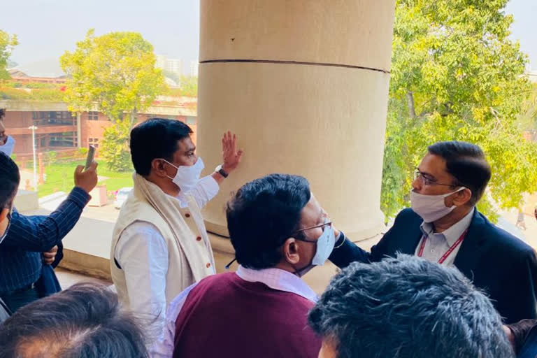 telangana minister prashanth reddy inspecting red stone structures of parliament