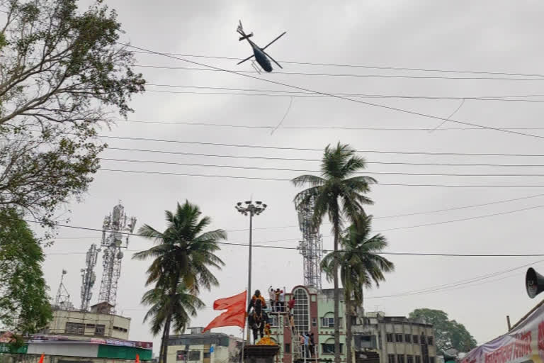 Flowering by Helicopter on the statue of Chhatrapati Shivaji Maharaj in nanded