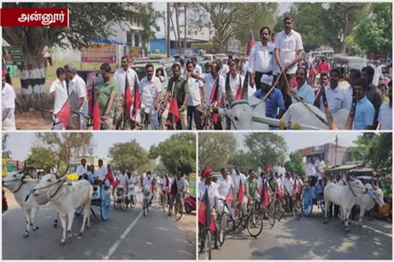 dmk cycle rickshaw cattle rally in covai condemning petrol and diesel price hike