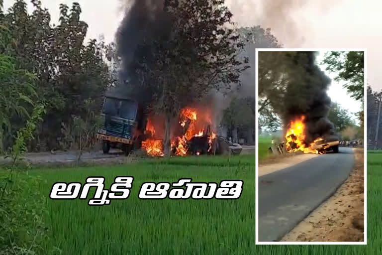 fire accident in concrete mixer vehicle due to short circuit in karimnagar