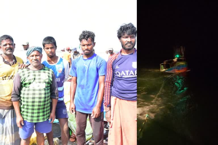 Fishing boat  Fishing boat accident  Kasargod Fishing boat accident  boat accident  rescued Five people  കാസര്‍കോട് തോണി അപകടം  വള്ളം മറിഞ്ഞു  കീഴൂർ  ബോട്ട്  ബോട്ട് അപകടം