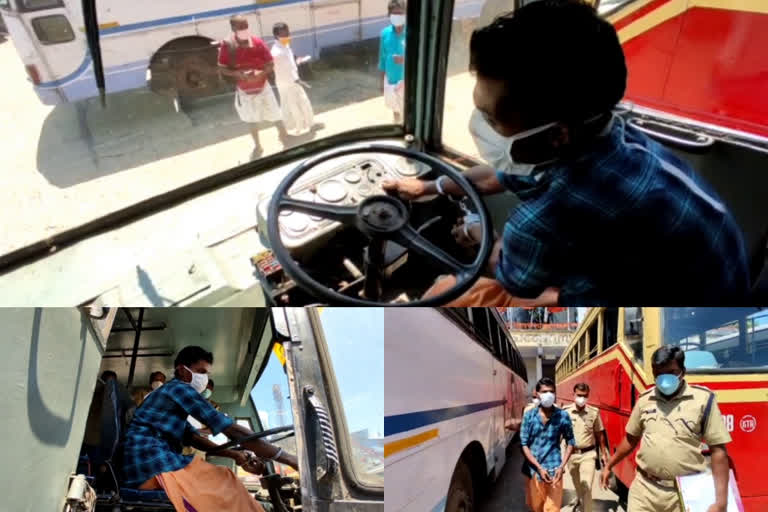 ksrtc,  The accused was taken to the depot by the police and evidence was taken in the incident where the KSRTC bus was smuggled from Kottarakkara,  accused,  KSRTC bus,  Kottarakkara,  കൊട്ടാരക്കരയിലെ കെഎസ്ആര്‍ടിസി ബസ് മോഷണം; തെളിവെടുപ്പ് നടത്തി,  കൊട്ടാരക്കരയിലെ കെഎസ്ആര്‍ടിസി ബസ് മോഷണം,  തെളിവെടുപ്പ് നടത്തി,  കൊട്ടാരക്കര ഡിപ്പോ,  വേണാട്‌ ബസ്,  നിധിന്‍,  കെഎസ്ആര്‍ടിസി,  ബസ് മോഷണം,