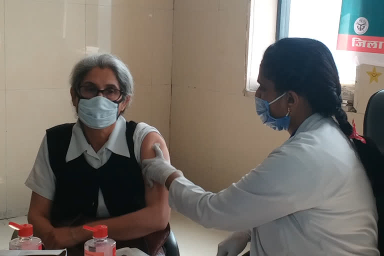 Vaccination booth dedicated to women on International Women's Day in Noida