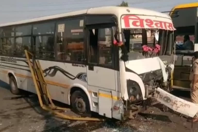 With the help of JCB, the bus was diverted from the middle road.