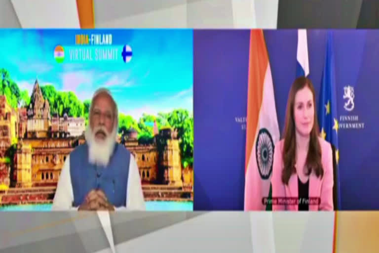 PM Modi holds virtual summit Modi holds virtual summit with Sanna Marin Narendra Modi interacts with Sanna Marin Finland India relations Modi holds virtual summit with finland PM India Finland ties சனா மரின் ஃபின்லாந்து நரேந்திர மோடி கரோனா