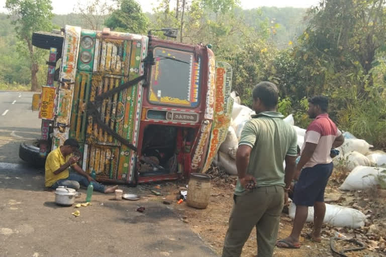 lorry with cotton load rolled over at vizianagaram