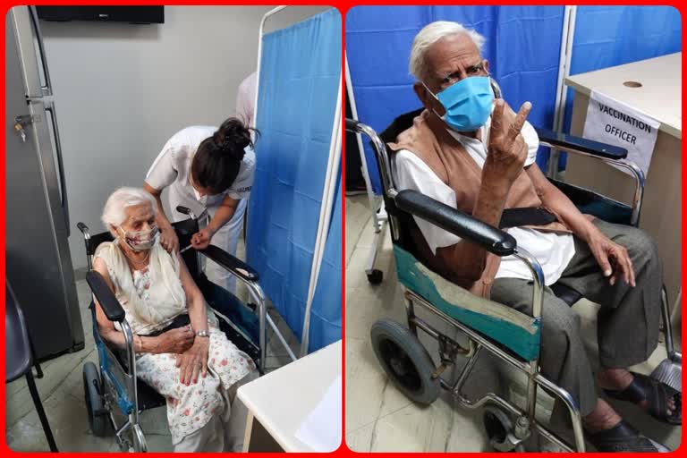 two 101-year-old elders take first dose of corona vaccine at blk hospital in delhi