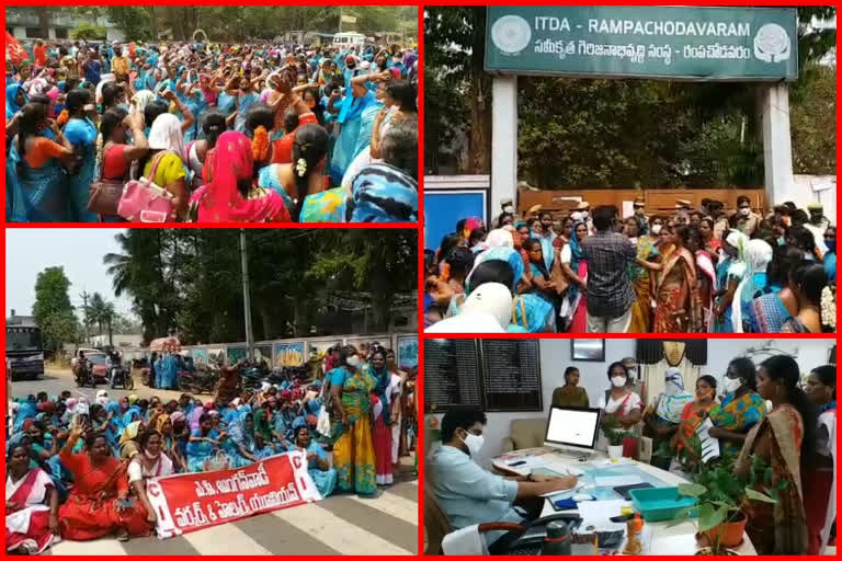 anganwadi workers protest at rampachodavarm itda office