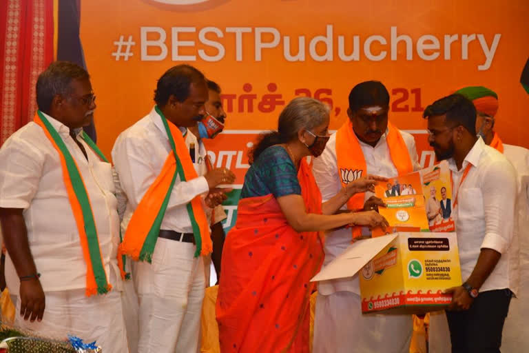 புதுச்சேரி, Puducherry, Puducherry BJP Election manifesto, புதுச்சேரி பாஜக தேர்தல் அறிக்கை, மத்திய நிதி அமைச்சர் நிர்மலா சீதாராமன், Union Finance minister Nirmala Seetharaman