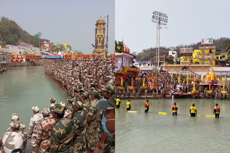 ITBP, CAPF and Uttarakhand Police personnel take a pledge to conduct a safe 'Mahakumbh' at Har ki Pauri, Haridwar