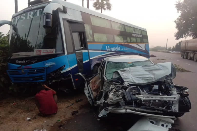rtc bus car accident at dommeru, two died and three injured in dommeru road accident