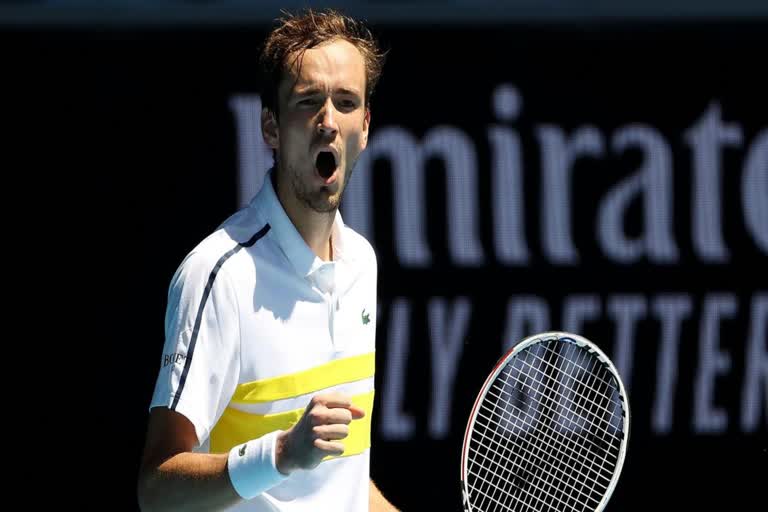 Daniil Medvedev of Russia returns a shot during the singles group match against Rafael Nadal of Spain at the ATP World Tour Finals 2019 in London