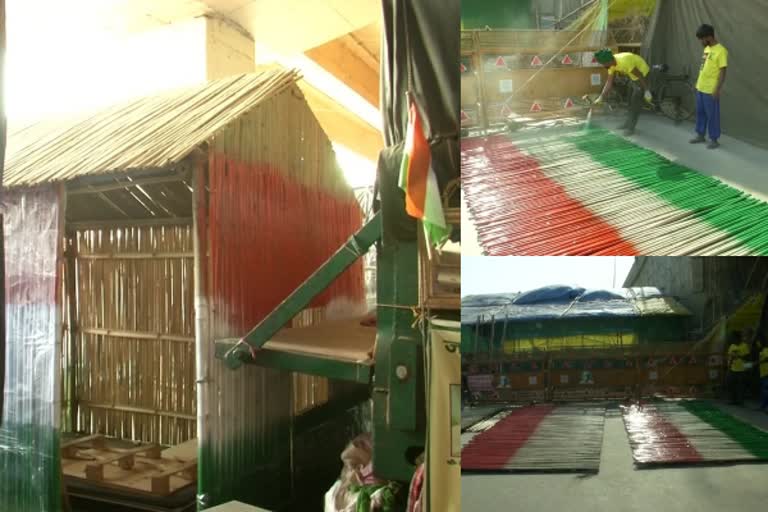 As NCR reels under heat, farmers at Ghazipur (Delhi-UP) border are building tricolour-themed bamboo huts.