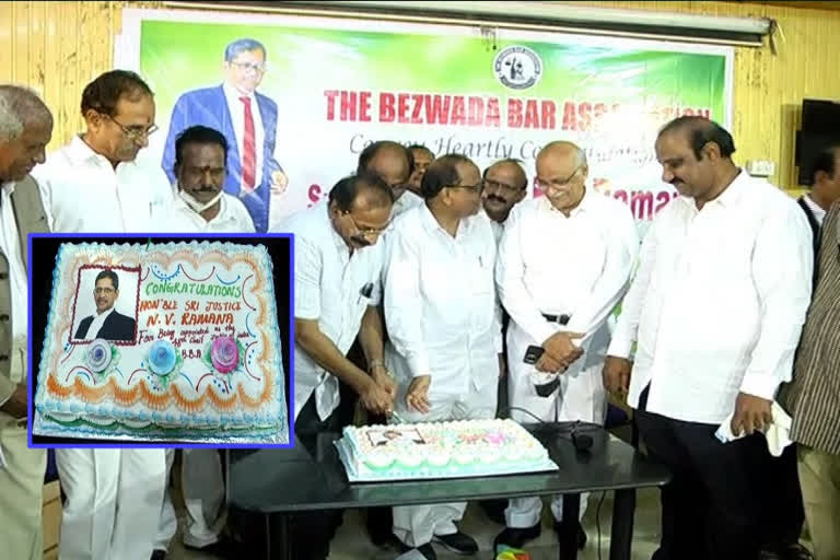 celebrations in bejawada bar association, bejawada bar association members on justice nv ramana promotion