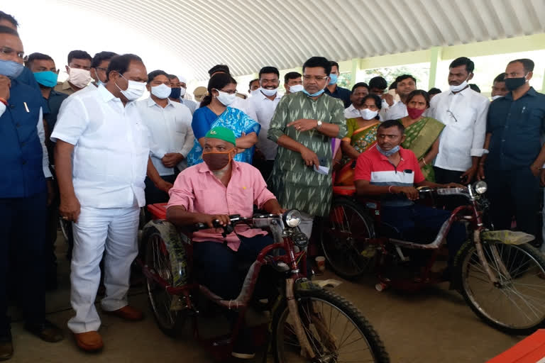minister koppula eswar distributed try motor cycles for physically challenged people