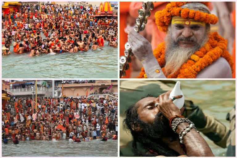 Over 35 lakhs take dip in Ganga  shahi snan  shahi snan amid rising coronavirus cases  Ganga holy dip in Haridwar  Har Ki Pauri shahi snan  Holy dip  Kumbh Mela 2021  ഷാഹി സ്നാനം  കുംഭമേള  ഡെറാഡൂൺ  സാമൂഹിക അകലം  ഗംഗ  തിരത് സിങ് റാവത്ത്