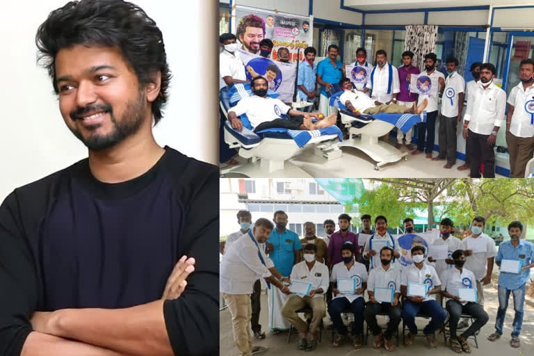 Vijay fans donate blood before getting vaccinated  'വാക്‌സിനെടുക്കും മുമ്പ് രക്തദാനം', മാതൃകയായി വിജയ് ഫാന്‍സ്  വിജയ് ഫാന്‍സ് രക്തദാനം  രക്തദാനം ക്യാമ്പുകള്‍  ദളപതി 65 വാര്‍ത്തകള്‍  നടന്‍ വിജയ് വാര്‍ത്തകള്‍  Vijay fans donate blood  Vijay fans donate blood news