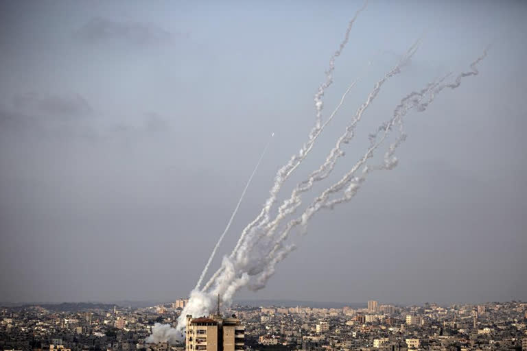 Rockets are launched from the Gaza Strip towards Israel, Monday,