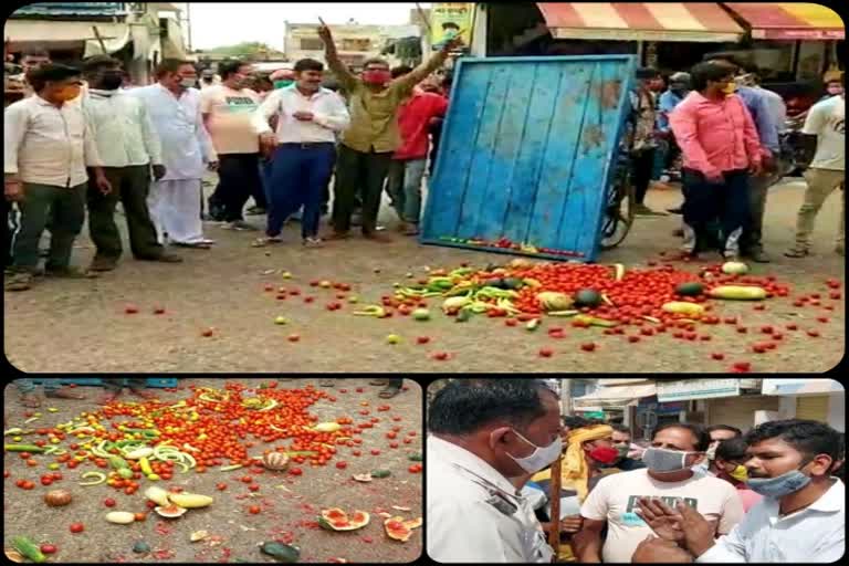 Vegetables and fruits scattered on the road