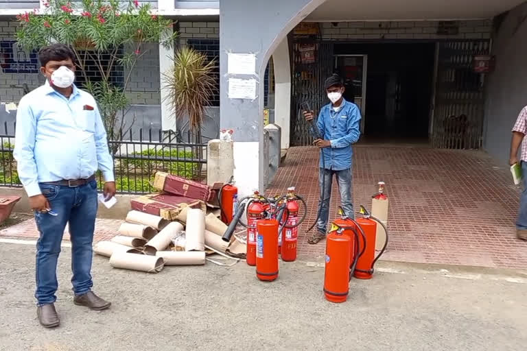 fire extinguisher being installed in sahibganj sadar hospital for safety