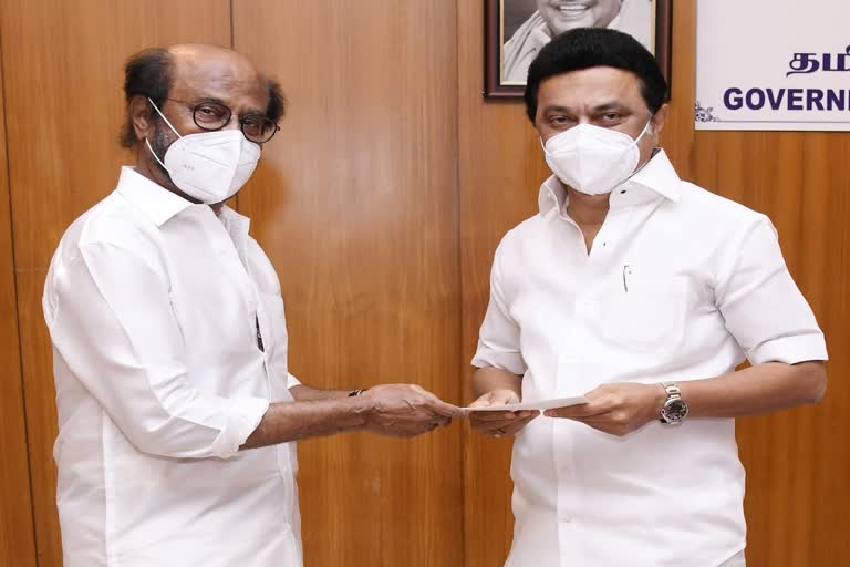 Actor Rajinikanth handed over Rs 50 lakhs for COVID relief fund to Tamil Nadu Chief Minister MK Stalin at the secretariat