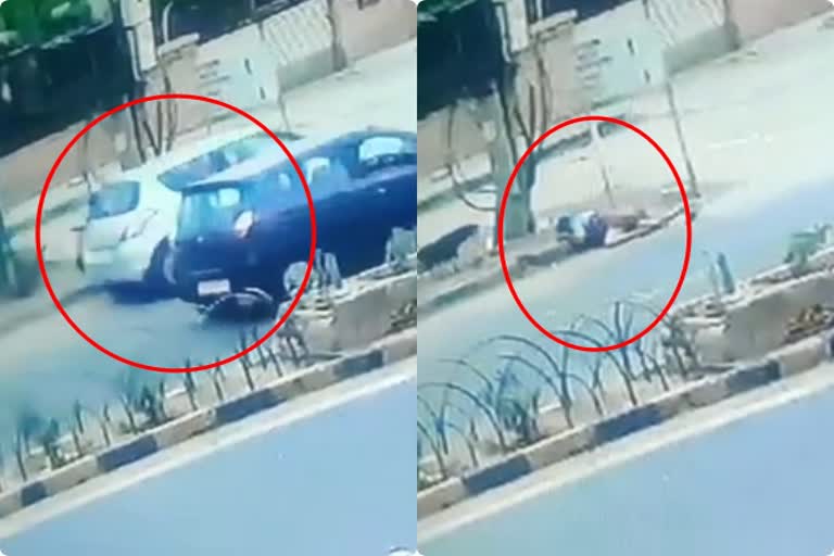 woman walking on road  jodhpur news  high speed car  cctv pictures  जोधपुर न्यूज  रफ्तार का कहर  हादसा सीसीटीवी में कैद  कार चालक ने मारी टक्कर