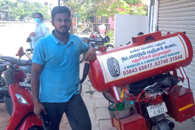 mobile puncher shop by mechanic naveen, பஞ்சர் கடை நவீன்