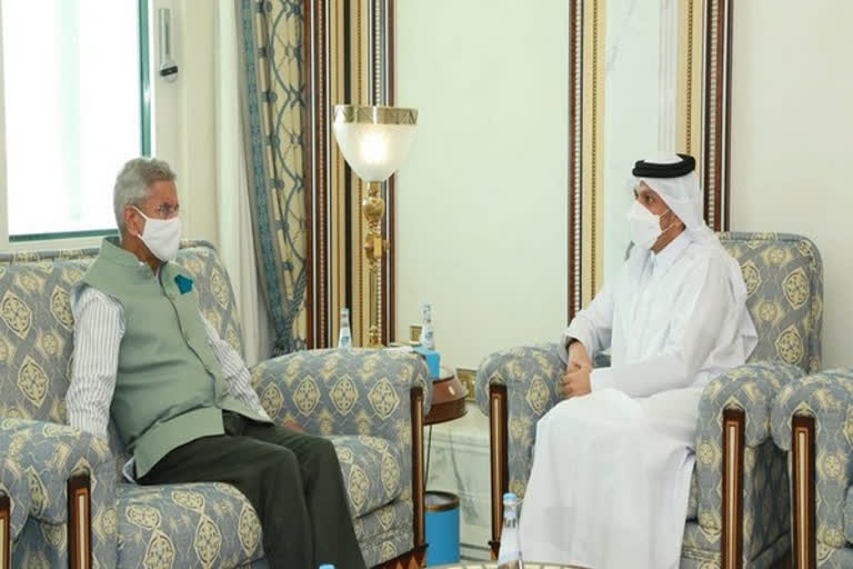 Jaishankar meets Qatari counterpart  Jaishankar in Qatar  Foreign minister visits Qatar  ഖത്തർ വിദേശകാര്യ മന്ത്രിയെ സന്ദർശിച്ച് ജയശങ്കർ  എസ്. ജയശങ്കർ വാർത്ത  ഖത്തർ സന്ദർശിച്ച് എസ്. ജയശങ്കർ