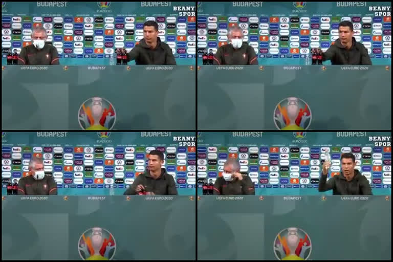 Cristiano Ronaldo removes Euro 2020 official sponsor's Coca-Cola bottles in front of him at press conference