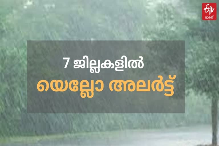 മഴ വാര്‍ത്ത  കനത്ത മഴ വാര്‍ത്ത  സംസ്ഥാനത്ത് മഴ കനക്കും വാര്‍ത്ത  7 ജില്ലകള്‍ യെല്ലോ അലര്‍ട്ട് വാര്‍ത്ത  ശക്തമായ മഴ വാര്‍ത്ത  heavy rainfall news  heavy rain continues kerala news  kerala rain latest news  yellow alert 7 districts news