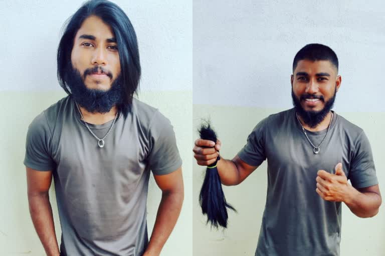 young man who donated hair to make a wig for cancer patients in gadag