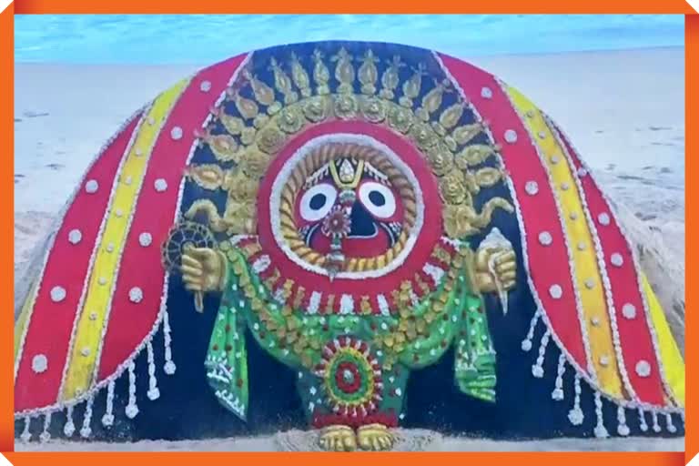 international sand artist Sudarshan Patnaik, sand art opf sri jagannath suna besha, suna besha, puri beach, ମହାପ୍ରଭୁଙ୍କ ସୁନାବେଶ, ଅନ୍ତର୍ଜାତୀୟ ବାଲୁକା ଶିଳ୍ପୀ ସୁଦର୍ଶନ ପଟ୍ଟନାୟକ, ପୁରୀ ବେଳାଭୂମି