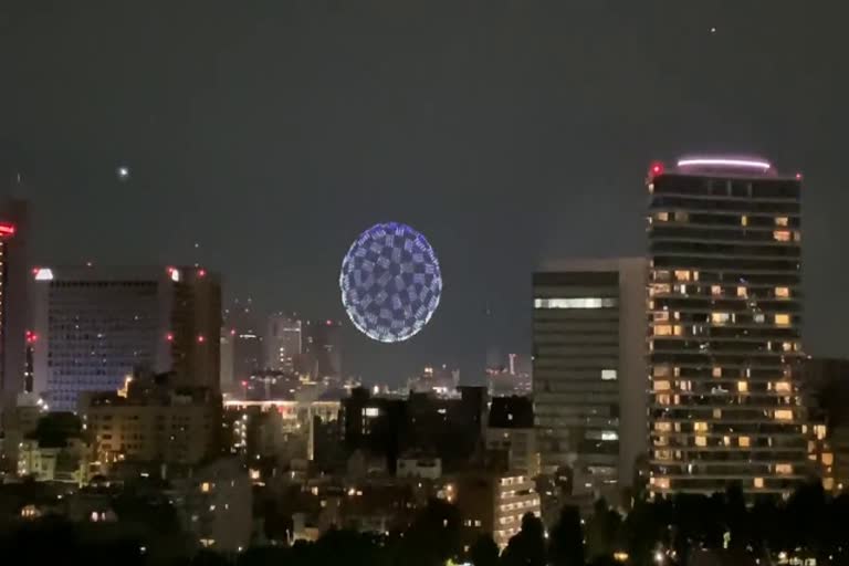 1800 drones starting their formation to form a shiny globe as part of the Tokyo 2020 olympics opening ceremony