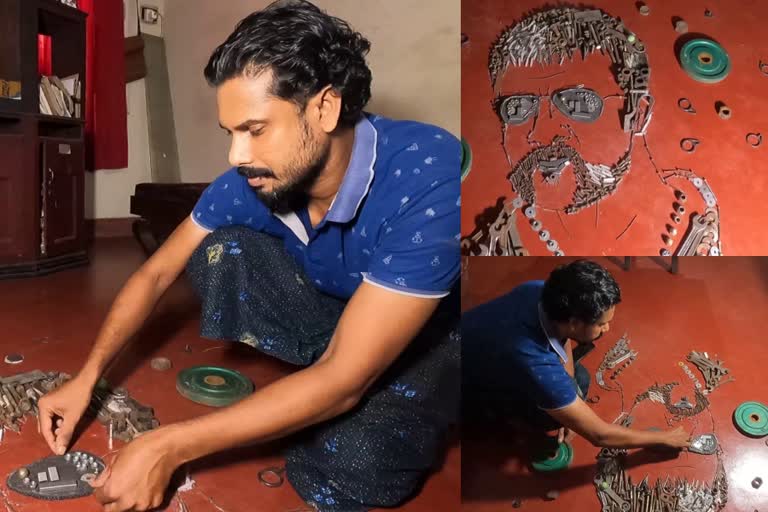 A Kozhikode resident made a Jayasurya picture with nuts and bolts  നട്ടും ബോള്‍ട്ടും കൊണ്ടൊരു ജയസൂര്യ ചിത്രം  കോഴിക്കോട്ടുകാരന്‍  Jayasurya picture with nuts and bolts  കോഴിക്കോട്  കോഴിക്കോട് വാര്‍ത്ത  kozhikode news  പ്രവീൺ സോപാനം  Praveen Sopanam  ഇലസ്ട്രേഷൻ ആൻഡ് കൊളാഷ് മിക്സഡ് രിതി  Illustration and collage mixed method  A Kozhikode resident made a Jayasurya picture  Jayasurya picture with nuts and bolts