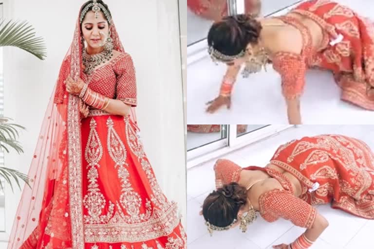 Push-ups in bridal attire