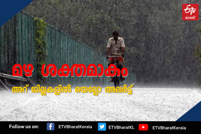 weather update kerala  yellow alert  ആറ് ജില്ലകളില്‍ യെല്ലോ അലര്‍ട്ട്  യെല്ലോ അലര്‍ട്ട്  ശക്തമായ മഴയ്‌ക്ക് സാധ്യത  കാലാവസ്ഥാ അലർട്ട്