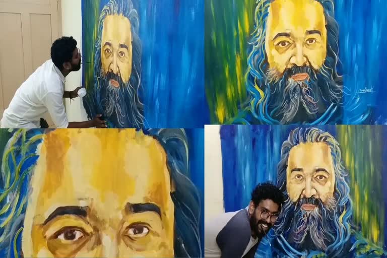 viswapratap paints mohanlal's photo with brush in mouth  viswapratap  mohanlal  mohanlal photo  ബ്രഷ് കടിച്ചുപിടിച്ച് മോഹൻലാൽ ചിത്രം  ചിത്രരചനയിൽ വ്യത്യസ്‌തതയുമായി വിശ്വപ്രതാപ്  ചിത്രരചന  വിശ്വപ്രതാപ്