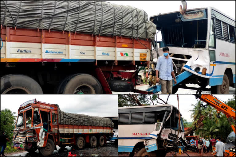 കണ്ണൂരിൽ വാഹനാപകടം  തളിപ്പറമ്പ് ദേശിയപാത  ബസ് ലോറിയിലിടിച്ച് അപകടം  കുറ്റിക്കോൽ വാഹനാപകടം  kannur accident news  accident news kannur  bus lorry accident  bus lorry accident news