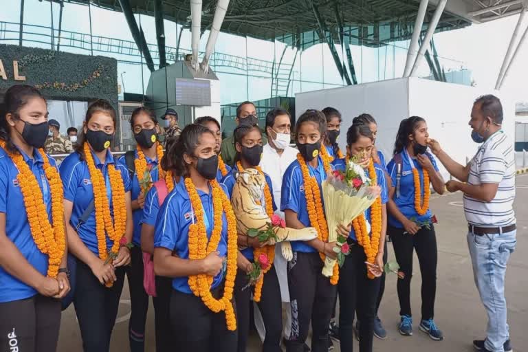 Silver meadal winner U-18 girls rugby team india returns odisha today