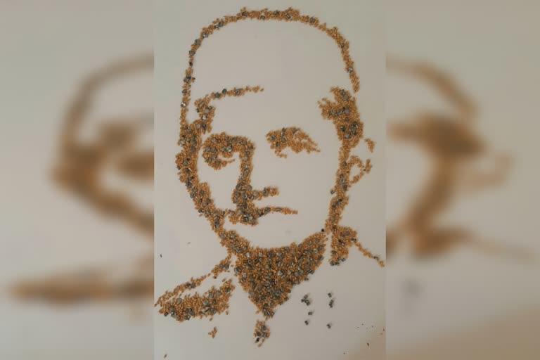 Portrait from shrapnel of wheat and bullets