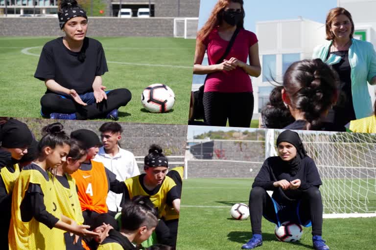 Afghan female footballers  female footballers train in Lisbon  Young Afghan female footballers  footballers  Lisbon  Afghanistan under 17 female football team  female football training in Lisbon  City of Football  Portuguese Football Federation  Football  Sports  Women sports